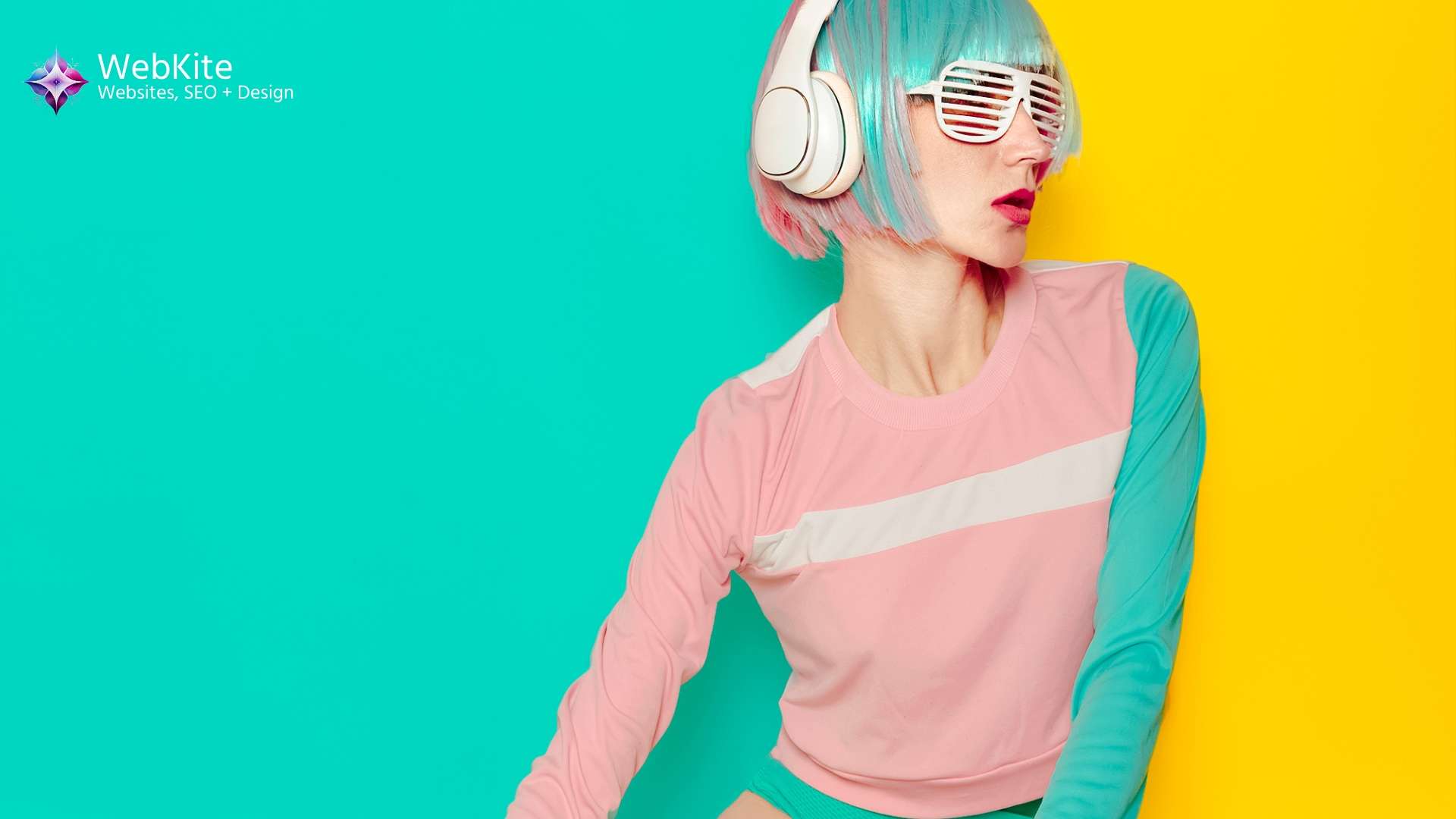 A woman in brand background with a headset on